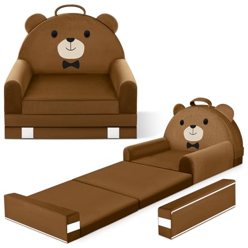 Image of ORWIPO Kids Sofa Bed with Removable Washable Cover & Magic-Tape Backrest – Foldable Toddler Chair, Cozy Crystal Velvet Furniture for Playtime, Naps & Travel (Soft Brown, Bear Design)