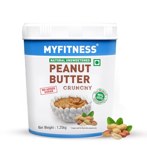 MYFITNESS All Natural Peanut Butter Crunchy 1.25kg | 32g Protein | Unsweetened | No Added Sugar or Salt | No Palm Oil | Nut Butter Spread for Pre & Post-Workout | Cholesterol Free | Zero Trans Fat