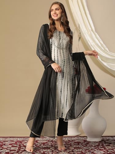 Image of GoSriKi Women's Rayon Blend Straight Printed Kurta with Pant & Dupatta