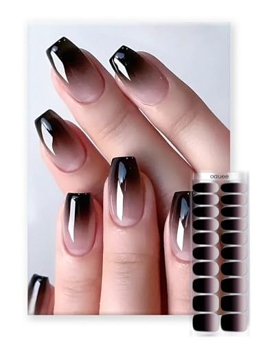 Oauee Semi Cured Gel Nail Strips | Built-In Gel Top Coat | UV Light Required | Salon Quality Easy Application And Removal (Black & nude pink gradient)