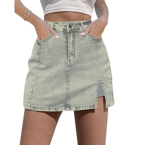 luvamia Skorts Skirts for Women Denim Mini Skirt Side Slit with High Waisted Jean Shorts Stretchy X-Small Vintage Light Blue