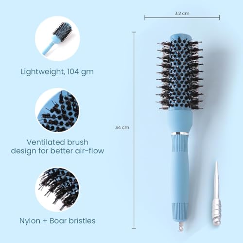 Image of Rey Naturals Thermal Ceramic Hair Brush | Ion-infused Technology | Anti-Static Boar Bristles| Hair Comb | Hair brush for Women and men | Hair Care Products (Ice blue)(Small size)