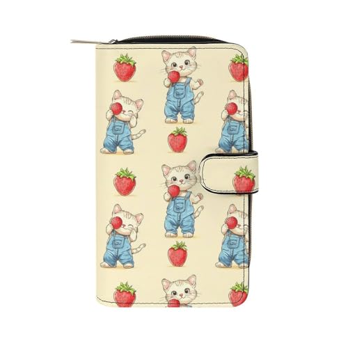 Portefeuille chat fraise en cuir avec porte-ID et grand rangement monnaie