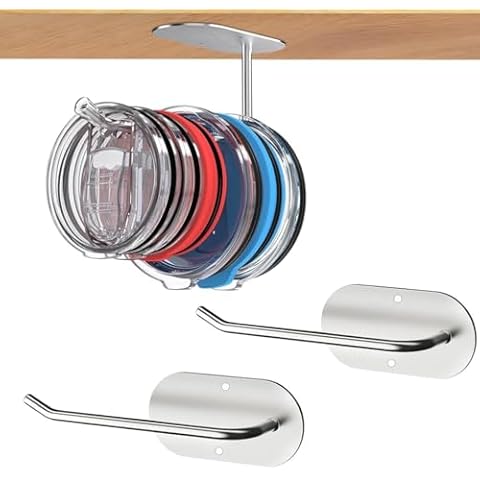 2Pack Stainless Steel Tumbler Lid Organizer, Stainless Steel Tumbler Lid Holder Under Cabinet, Slim Storage for Up to 8 Lids, Self-Adhesive or Drilling Tumbler Lid Hook,Clutter-Free Kitchen Cabinets Cover