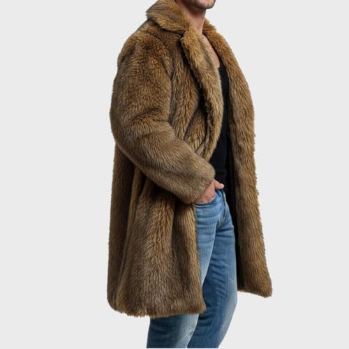 Image of Lisa Colly Mens Faux Fur Coat Jacket Winter Overcoat | Men's Faux Fur Long Jacket, Long Sleeve, Fluffy Warm, Winter Parka Coat