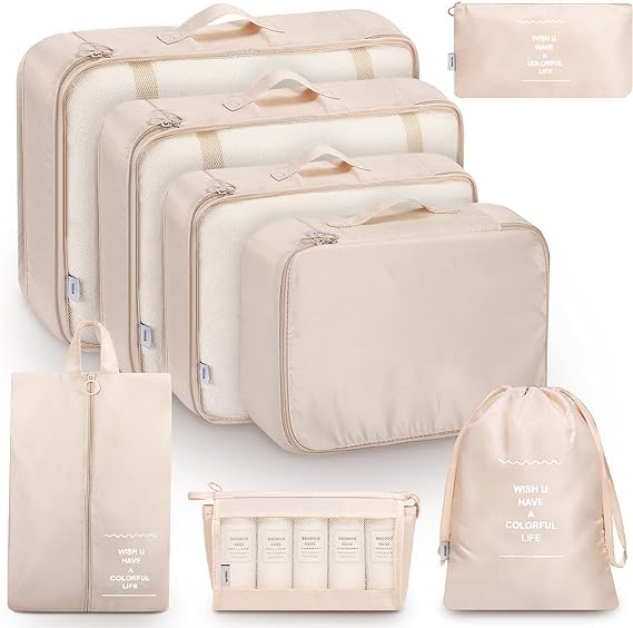 FLYNGO Nylon 8 Pcs Travel Organizer Pouch Packing Cubes For Clothes Space Savers Bags Cosmetics/Underwear/Socks/Shoes Toiletry Bag Laundry Organiser(Beige)