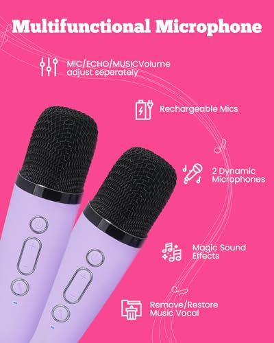VERKB Mini Karaoke Machine with 2 Wireless Microphones for Kids, Kids Toys for Girls and Boys, Portable Bluetooth Speaker Gift for Girls 4, 5, 6, 7, 8+ Year Old Birthday Party (Purple)
