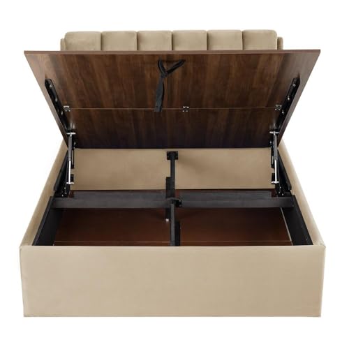 Image of Wakefit Bed | Queen (78 X 60) Solid Wood Bed, Upholstered, Hydraulic, 3 Year Warranty - Antho - Velvet Tuscan Tan