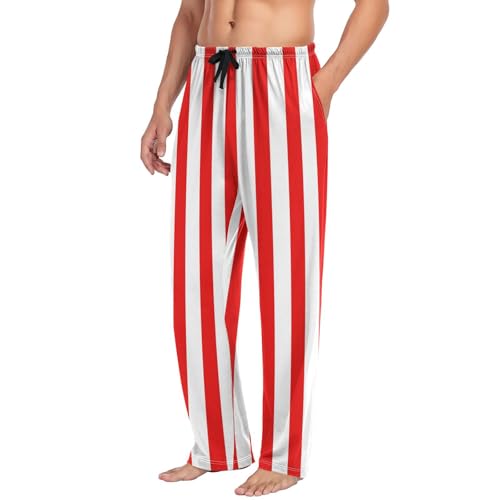 Red White Stripes Men's Pajama Pants Soft Lounge Sleep Pants, PJ Bottoms with Pockets4