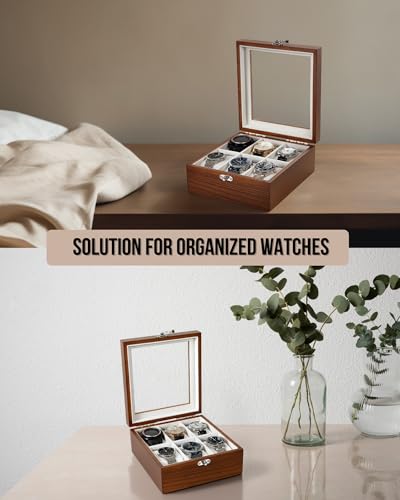 Image of Watch Box, Watch Case for Men Women with Large Glass Lid, Wooden Watch Display Storage Box with 6 - Slots, Rustic Brown 6x2 Mens Watch Box Organizer