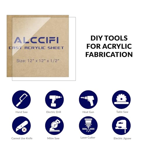 Image of 1 /2 Inch Acrylic Sheet (13mm Thick), ALCCIFI 12 x 12 Clear Cast Plexiglass Sheets, Transparent Plexi Glass Board for Crafting Projects, Signs, DIY Display Case and More, Easy to Cut and Laser