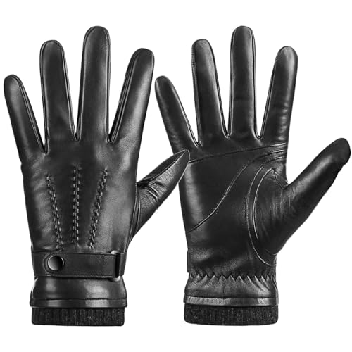 Potopok Winter Sheepskin Leather Gloves for Men, Warm Touchscreen Driving Handwear with Cashmere Lining for Outdoor Use