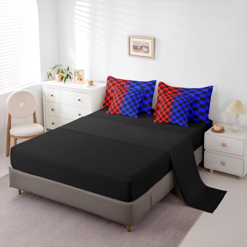 Image of Checkered Comforter Set With Sheets 7 Piece King Size Red Blue Plaid Bed in a Bag Kids Boys Girls Cute Retro Neutral Checkerboard Geometric Bedding Set Vintage Aesthetic Bedroom Decor Breathable Soft