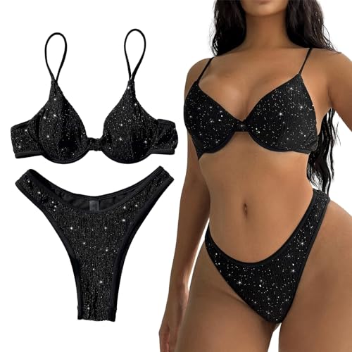 Women Sparkling Sequins Swimwear Wire Bikinis Top and Low Waist Bottom Two Pieces Bathing Suit Triangle Bikinis Set2