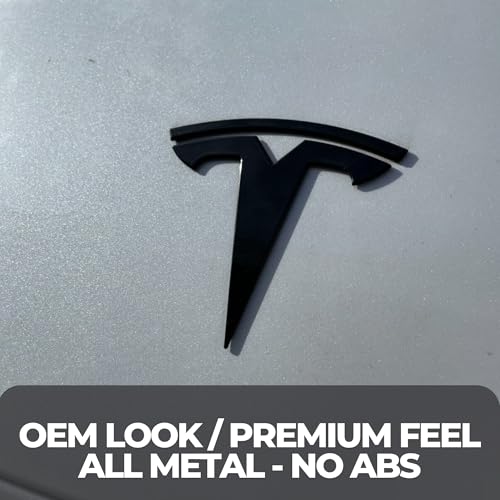 Image of Tesla Model Y Emblem Bundle Front Rear T Logo Badge Matte Black Glossy Black OEM Performance Ludicrous Set Metal Decal Sticker with 3m Adhesive