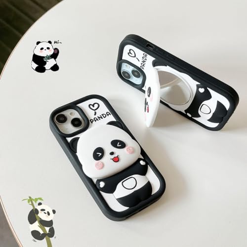 Image of MIDOS Back Cover for iPhone 15 Case 3D Cute Panda with Mirror Case Soft Silicone Full Protective Case Compatible with iPhone 15 (Mirror Panda), Black