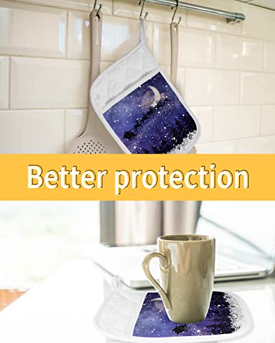 Christmas Santa Claus Reindeer Pot Holders With Pocket For Kitchen, Heat-Resistant Potholders Set Of 2, Hot Pads Oven Mitts With Hanging Loops For Home Cooking Baking Microwave, Snowflake At Night #TOP6