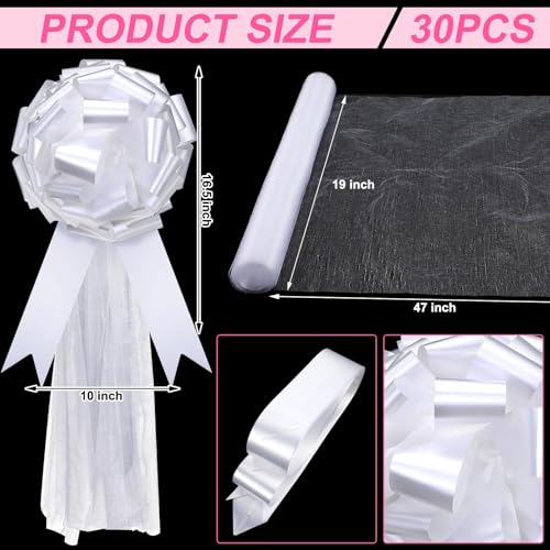 Dingion 30 Set Large Wedding Pew Bows Wedding Aisle Decorations with 47" Fabric Tulle Church Chair Aisle Decor for Bridal Shower Reception Ceremony Anniversary Christmas Parties(White)