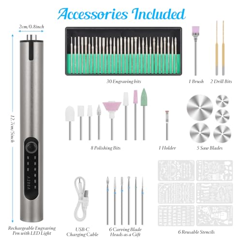CHEGIF Resparked Engraving Pen, USB Rechargeable Cordless Engraver Pen with 51 Bits & LED Light Customizer Engraving Pen for Metal, Wood, Glass and Plastic Portable Engraving Kit for DIY Etching Gifts