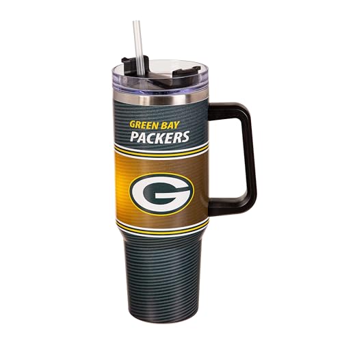 Team Sports America NFL Green Bay Packers Stainless Steel Tumbler with Handle and Straw 40oz Double Wall Insulated Cup with Lid BPA-Free Water Bottle Official Football Travel Mug for coffee tea