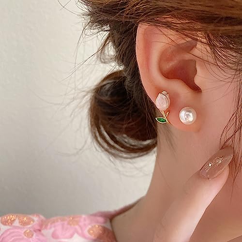 Brincos tulipa pérola flor tulipa esmalte confortável orelha cuff jaqueta brinco frente traseira par