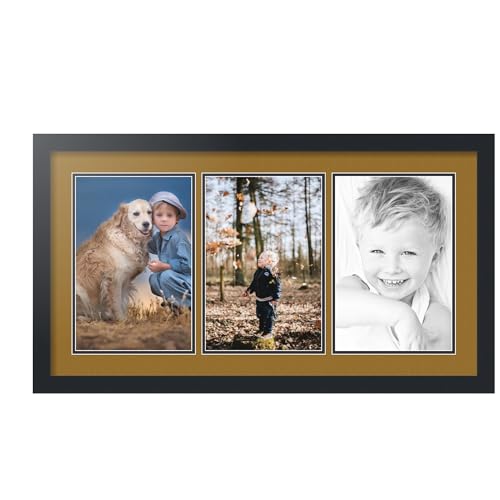 ArtToFrames Collage Picture Frame 3 Opening 3-8x12 Photo Frame | Made in USA | Black Frame El Dorado and Black Mats | Wall Mount Multi Photo Display 32X18 Full Size