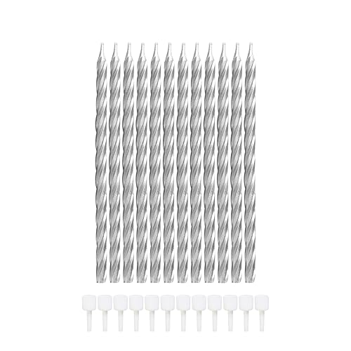 12 Pcs Long Metallic Silver Spiral Candles with Holders 12.5cm Elegant Cake Candles (0.52cm Thick) for Birthday Wedding & Party Decoration Paper Box Pack