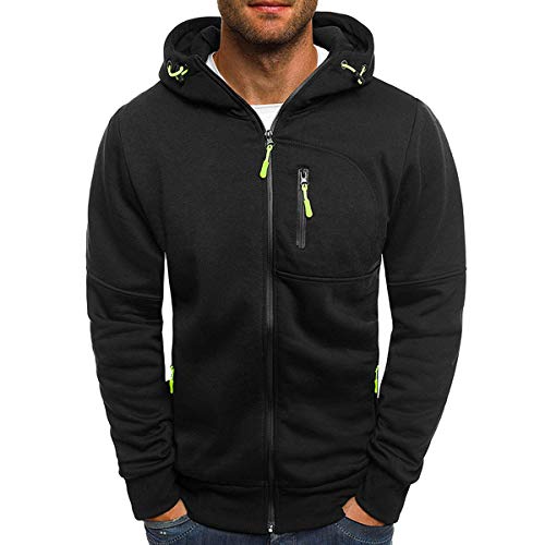 PrettyChic Men's Full-Zip Jacket Lightweight Softshell Windbreaker Casual Hoodie Pullover Hooded Outerwear with Pocket, Black, Small