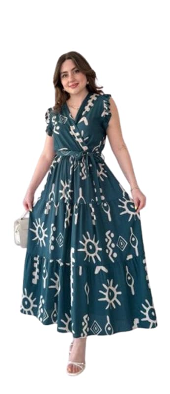 Women's Teal Green & White Boho Print Maxi Dress | V Neck Sleeveless Flared Dress with Adjustable Waist Tie | Size- XL-image-24