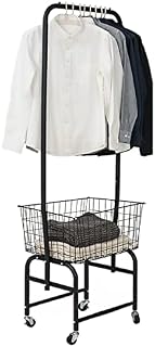 Nisorpa Cloth Rail Clothes Rack with Basket, Small Clothing Hanger Rails Freestanding Garment Stand with Wheels, Narrow Metal Hanging Coat Storage for Bedroom Hallway, Black
