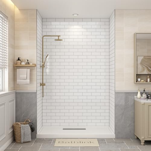 Bathlink Shower Wall Panels, 32D x 60W x 96H, Solid Surface Waterproof Wall Panels for Showers, Shower Surround Wall Kit, Glossy White Subway Tile Finish, 1/8' (3mm) Thick, Trimmable