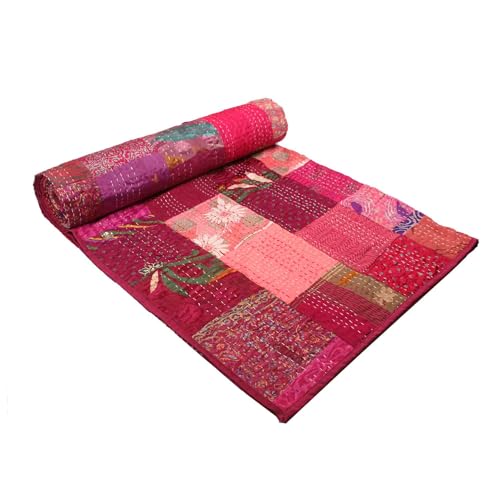 Image of Silk Hand Made Design Kantha Quilt Blanket, Bed Cover, Bedspread (Size 90 inch X 108 inch) - Multicolour