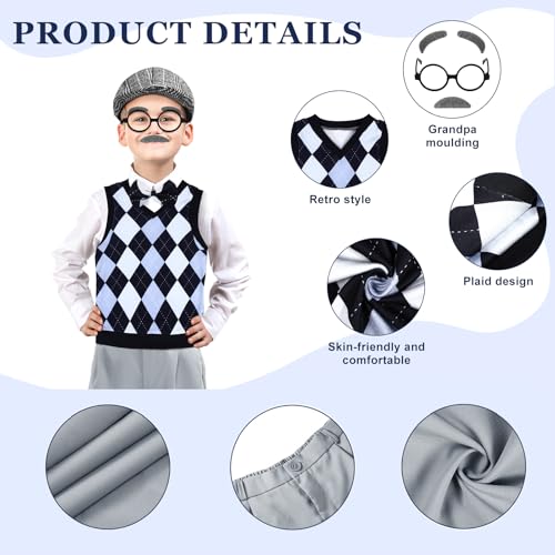 Liitrsh 8 Pcs Old Man Costume for Kids Grandpa Costume 100 Days of School Halloween Vest and Pants for Boys(8-10 Years,Blue Grey Plaid) by Liitrsh - Image 3