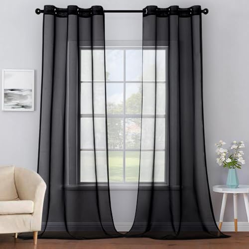 MIULEE Solid Color Sheer Curtains 84 Inches Long 2 Panels Set - Fall Elegant Lightweight Grommet Light Filtering Halloween Window Voile Drapes/Treatment for Bedroom Living Room W42 x L84 Inch Black