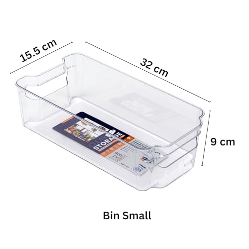 Image of Plastic Pantry Organizer Bins | Fridge Storage Boxes | Refrigerator Containers | Organiser for Pantry, Cabinet, Freezer | Containers for Food, Drinks & Snacks (Small, 32x15.5x9, Pack of 1)