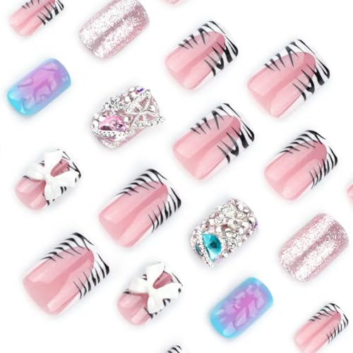 Image of French Tip Press on Nails Short Square Fake Nails Stripe Glue on Nails with Rhinestone Bow Design Glossy Stick on Nail Artificial Acrylic Full Cover Water Drop False Nail for Women Manicure 24Pcs