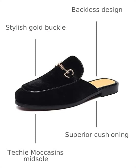 Image of FLQL Mens Shoes Luxury Velvet Gold Buckle Slip-on Penny Loafers Casual Smoking Slippers Indoor Outdoor Sandals Black Size 7-13