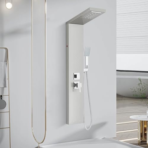 Pannello doccia a LED in acciaio inox con rubinetto, 5 modalità di uscita dell'acqua, a cascata, 2 ugelli per massaggio del corpo, doccetta a parete, set doccia spazzolato
