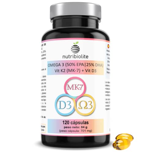 OMEGA 3 + Vitamine D3 und K2 MK-7 - Softgel Kapseln mit einer hohen Dosis Fischöl, das reich an essentiellen Fettsäuren EPA und DHA + Vitamin D3 Cholecalciferol und K2 Menachinon-7 MK7-120 Kapseln Cover