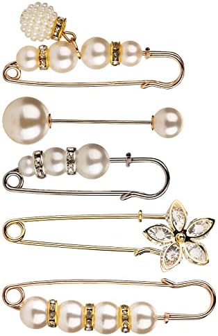 Yolev 5 Pieces Brooch Pins Artificial Pearl Safety Pins Heavy Duty Safety Pins Sweater Shawl Clip Safety Pins Beautiful and Practical Rhinestone Pins for Women
