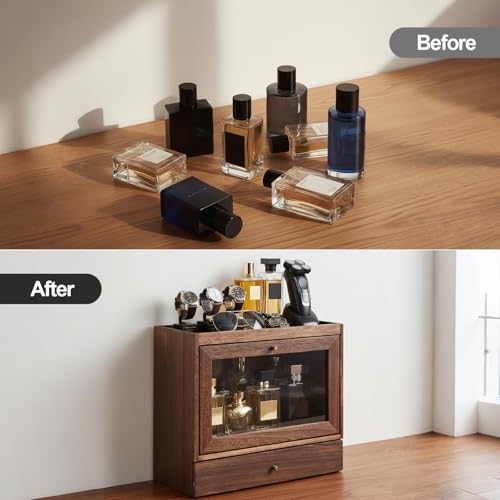 Image of Cologne Organizer for Men,Perfume Stand Holder,Cologne Shelf, Solid Wood Cologne Stand with Drawer Storage and Clear Window,Organizador de Perfumes,Perfume Stand Organizer,Brown