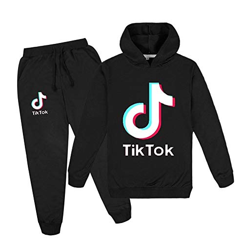 AAZZYUN TIK Tok niña niño Sudadera con Capucha, Unisex Ropa Conjunto Pantalones, Suéter Conjunto de Pantalones Sudadera (Color : Negro, Size : L/140cm)