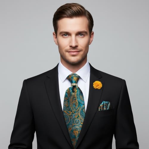 Image of 5PCS Tie and Pocket Square for Men, Silk Necktie and Handkerchief Cufflinks with Gold Ring and Lapel Pin Set