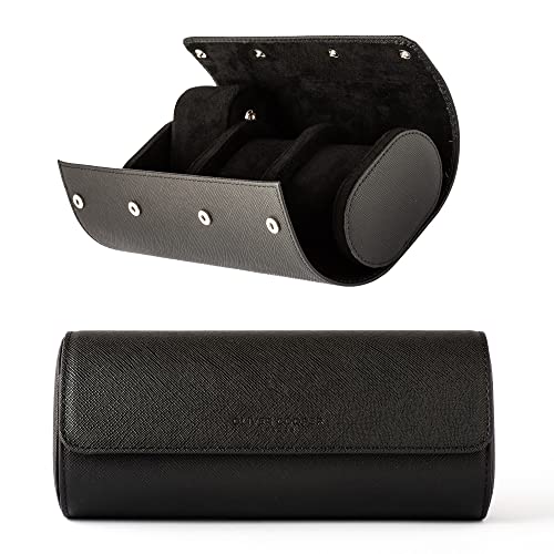 OLIVER COOPER LONDON Watch Roll Travel Watch Case for 3 Watches - Genuine Saffiano Leather, Watch Box for Men with Gift Box, Watch Storage Organizer for Home Storage and Travel (Black)