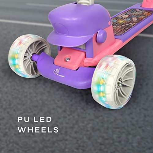 Image of R for Rabbit Road Runner Mario Scooter for Kids 3+ Years, 4 Level Height Adjustment, PU LED Wheels, Weight Capacity Up to 75 kg (Purple Pink)