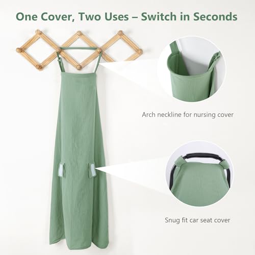 Image of Hooyax 2-in-1 Baby Car Seat Cover & Nursing Cover, 100% Muslin Cotton, Breathable Car Seat Canopy and Privacy Breastfeeding Cover, Green