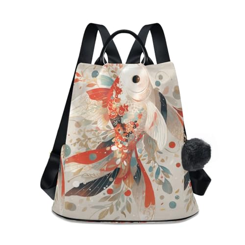 KLL Elegant Fish Red Tail Fin Fashion backpack for women trendy large backpack for women for Travel, Work, Everyday with Pom-pom keychain