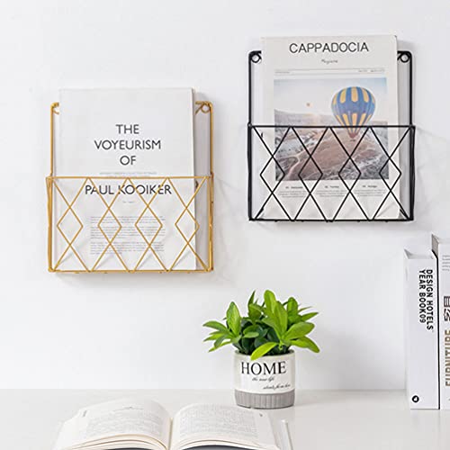 Beavorty Wall Bookshelf Wall Files Holder Iron Hanging Magazine Holder Wall Files Rack Wire Mail Organizer Wall File Holder for Files Newspapers Magazines Books Document Golden Wall Mount Bookshelf