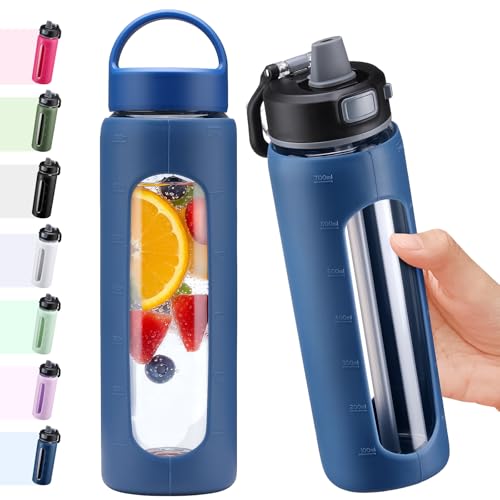 BLUEGO 700ml Bouteille d'eau verre avec 2 couvercles-Couvercle à verrouillage par simple pression et poignée Gourde réutilisable avec marquage du temps Pour voyages Maison Sport Sans BPA, Bleu foncé