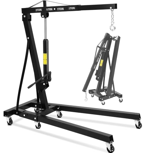 Hydraulic Engine Hoist 2-Ton Folding Portable Shop Crane Lift 4400 Lbs Capacity with Telescopic Boom and 6 Casters Foldable Mobile Cherry Picker for Garage Workshop Warehouse Black Heavy-Duty